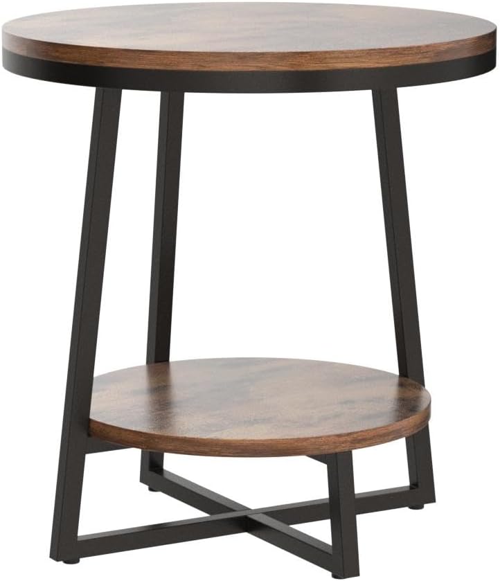 Tribesigns End Table, 2 Tier Round Side Table with Storage Shelf, Industrial Nightstand Bedside Table Coffee Accent Table for Living Room Bedroom Small Space, Rustic Brown