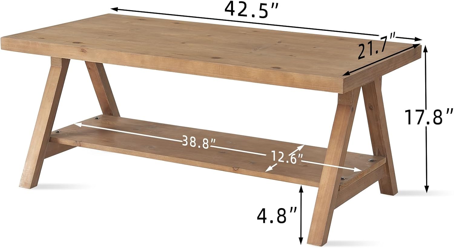 Farmhouse Coffee Table,Solid Wood Center Tables with Storage Shelves & Sturdy A-Shaped Legs, Modern Rustic 2-Tier Rectangular Table for Living Room and Office, Natural