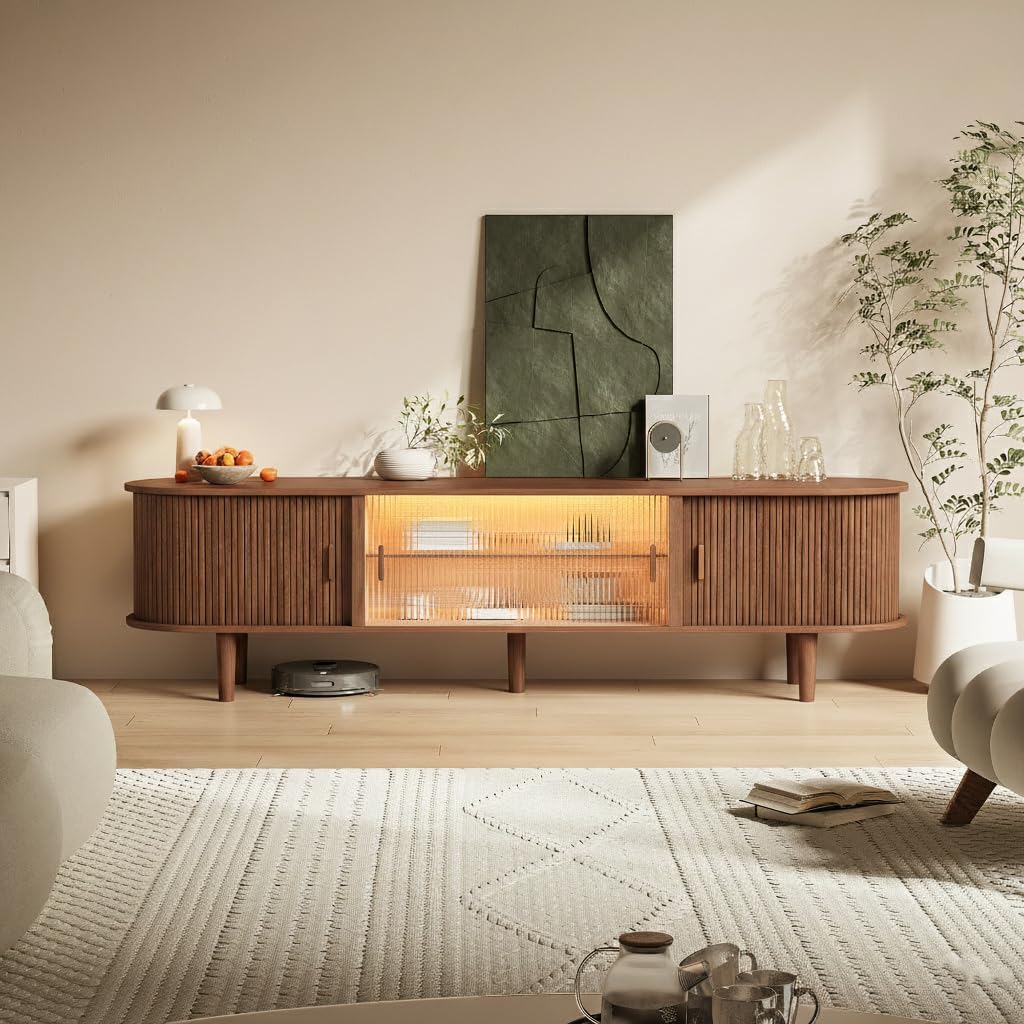70" Fluted TV Stand with LED Lights for TVs up to 75 Inch, Mid Century Modern Entertainment Center with Sliding Doors & Glass Shelf, TV Console Table Media Console for Living Room, Walnut