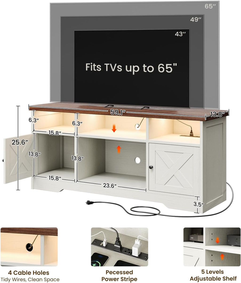 Casaottima TV Stand for 65 Inch TV, Farmhouse Entertainment Center with Power Outlet & LED Light and Storage Cabinets, Console Table and Media Furniture for Living Room Bedroom, White