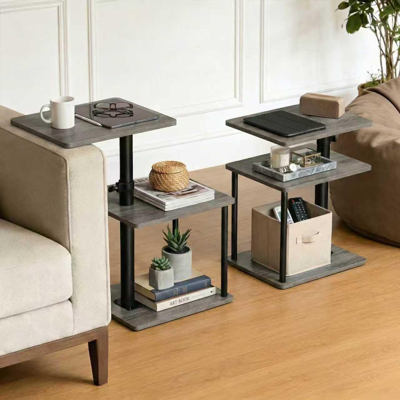 Swivel Side Table for Couch Arm, Adjustable C End Table for Recliner or Bed, Tv Trays with Storage Shelf for Small Spaces Small Nightstand Table for Living Room, Bedroom