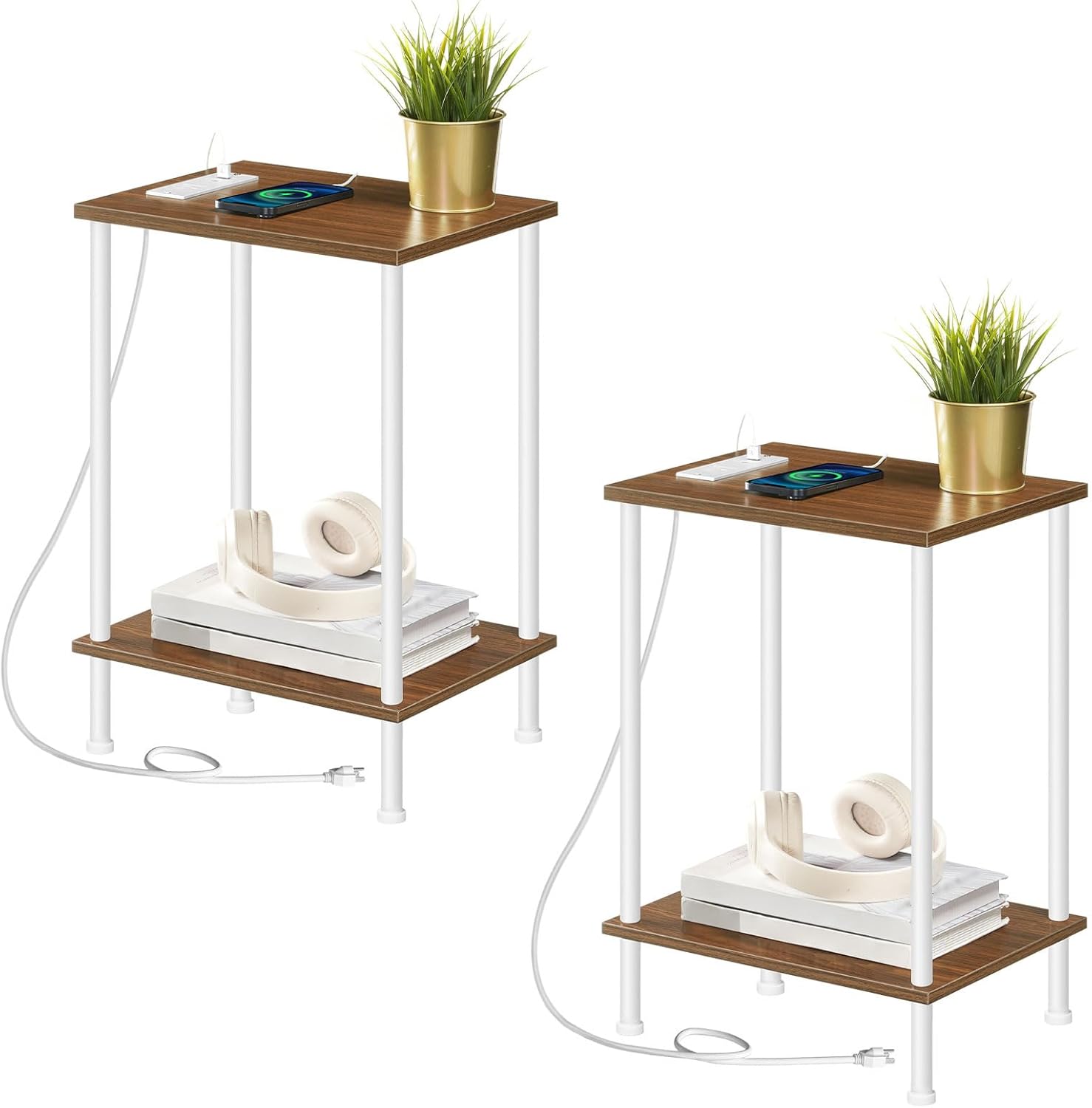 HOOBRO Side Table with Charging Station, Set of 2 End Tables with USB Port and Outlets, Nightstand with 2-Layer Storage Shelves for Small Spaces, Living Room, Bedroom, Rustic Brown BF09UBZP201
