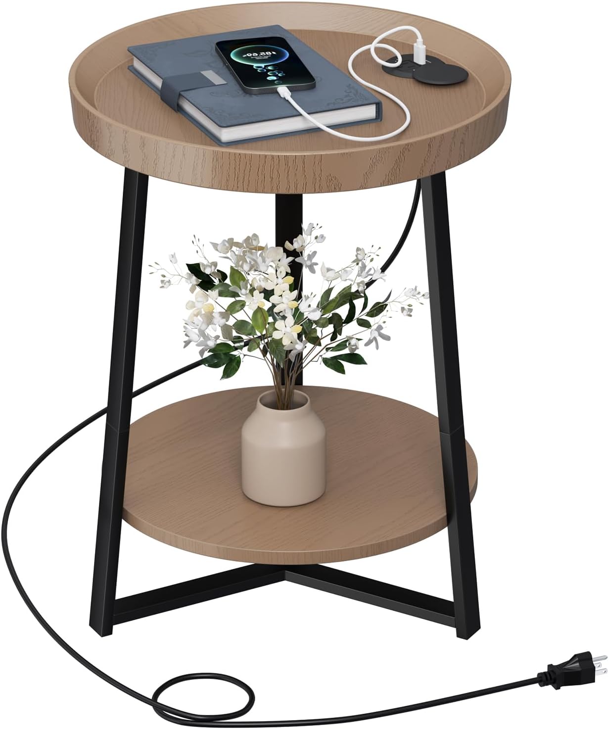 Gadroad Round End Table with Storage Shelf, 2 Tier Farmhouse Side Table Nightstand for Living Room, Bedroom, Wood Tabletop & Black Metal Frame, Brown 15.7 * 15.7 * 23.0inches