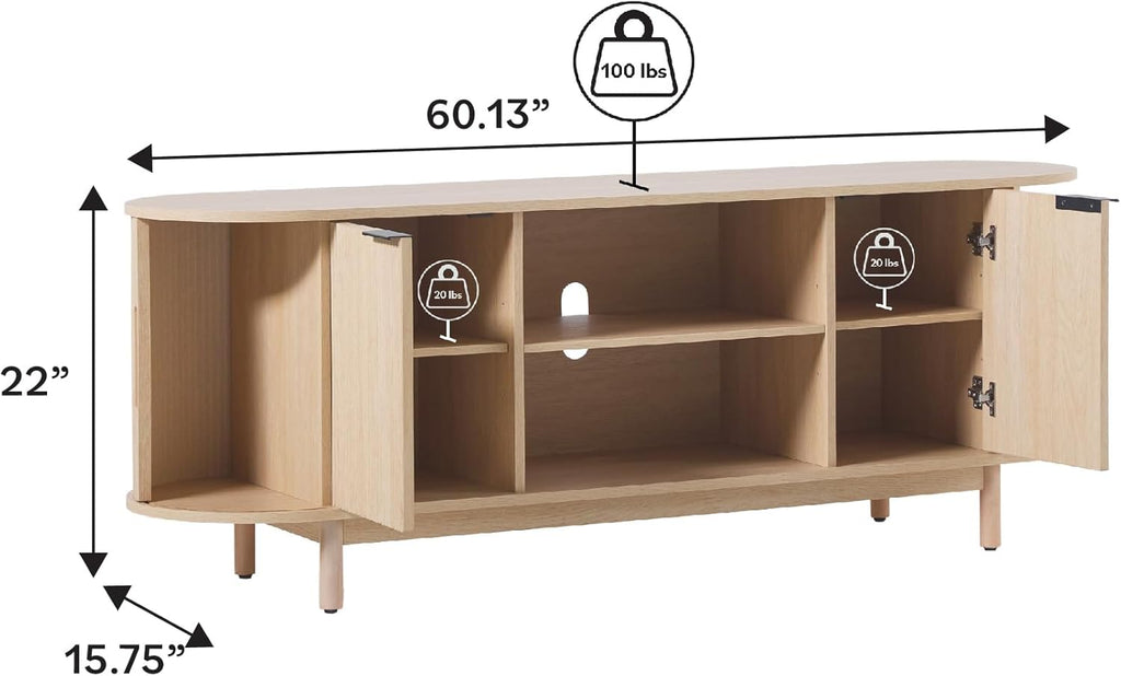 Walker Edison Modern Curved Reeded TV Stand for TVs up to 70 Inches, Credenza with Sliding Doors and Adjustable Shelves, TV Stand with Cord Management Cutout, 60 Inch, Coastal Oak