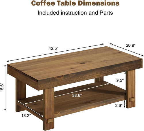 42.5" Farmhouse Solid Wood Coffee Table Rectangle Coffee Table Rustic Center Tables with Storage Shelf for Living Room, Natural