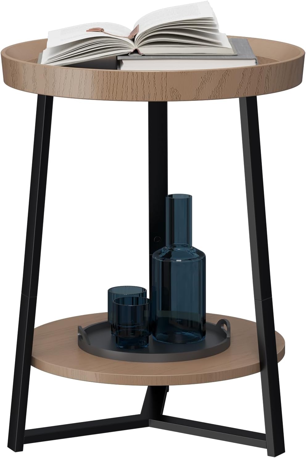 Gadroad Round End Table with Storage Shelf, 2 Tier Farmhouse Side Table Nightstand for Living Room, Bedroom, Wood Tabletop & Black Metal Frame, Brown 15.7 * 15.7 * 23.0inches