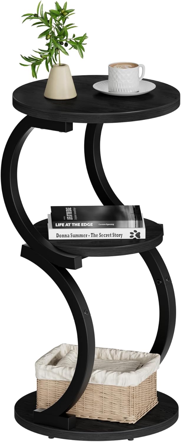 Small Side Table, 3-Tier Round End Table for Living Room, S-Shaped Accent Table for Small Spaces Sofa Couch Bedroom, Vintage Nightstand Wood Metal Coffee Table with Storage Shelf, Rustic Brown