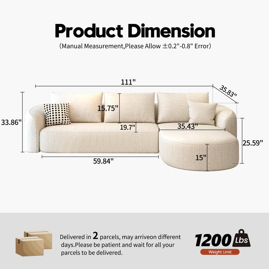 111" Modular Sectional Couches Luxury Modern Curved Back Sofa,Minimalist Comfy L-Shape Boneless Cloud Couch for Living Room Apartment,(Right Facing Chaise,White)