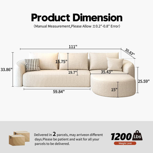 111" Modular Sectional Couches Luxury Modern Curved Back Sofa,Minimalist Comfy L-Shape Boneless Cloud Couch for Living Room Apartment,(Right Facing Chaise,White)