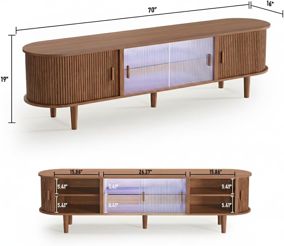70" Fluted TV Stand with LED Lights for TVs up to 75 Inch, Mid Century Modern Entertainment Center with Sliding Doors & Glass Shelf, TV Console Table Media Console for Living Room, Walnut