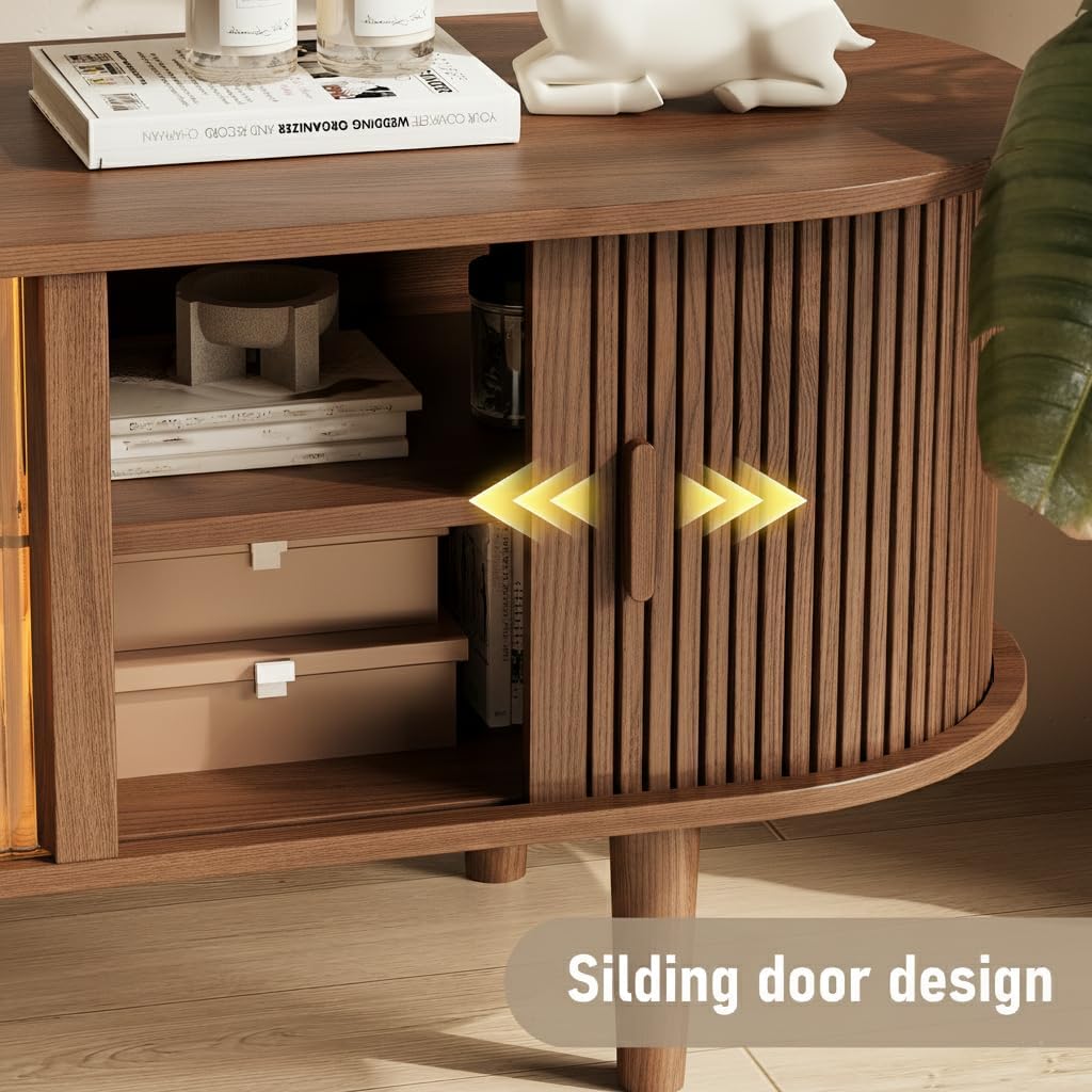 70" Fluted TV Stand with LED Lights for TVs up to 75 Inch, Mid Century Modern Entertainment Center with Sliding Doors & Glass Shelf, TV Console Table Media Console for Living Room, Walnut