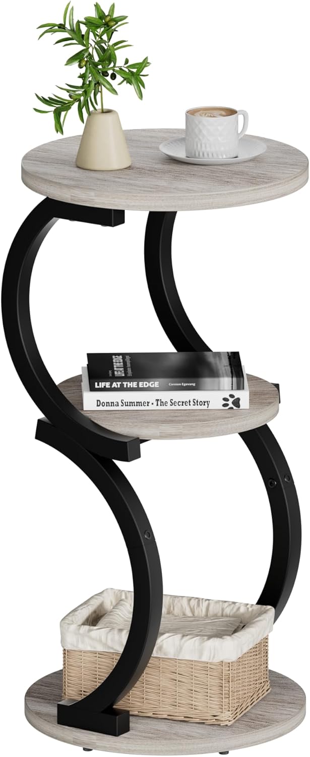 Small Side Table, 3-Tier Round End Table for Living Room, S-Shaped Accent Table for Small Spaces Sofa Couch Bedroom, Vintage Nightstand Wood Metal Coffee Table with Storage Shelf, Rustic Brown