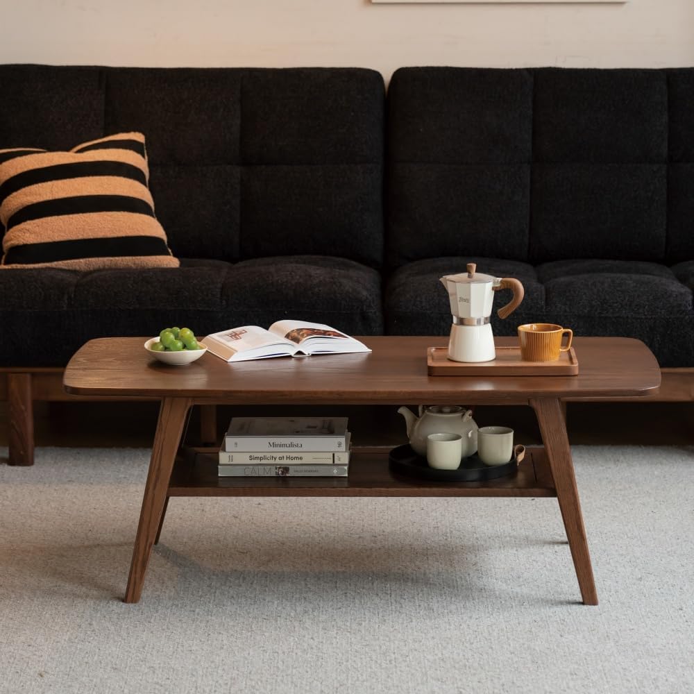 100% Solid Wood Coffee Table for Living Room, Mid Century Modern Small Tables with Shelf Storage, Storage Coffee Table with Rounded Corners (Oak Wood Walnut Color, 47.24" L)