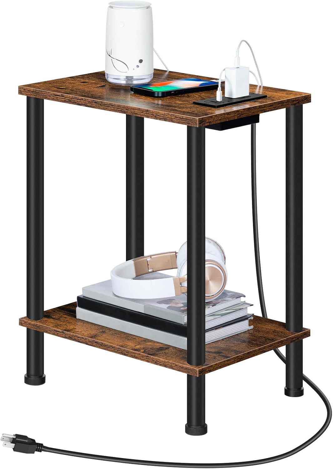HOOBRO Side Table with Charging Station, Set of 2 End Tables with USB Port and Outlets, Nightstand with 2-Layer Storage Shelves for Small Spaces, Living Room, Bedroom, Rustic Brown BF09UBZP201