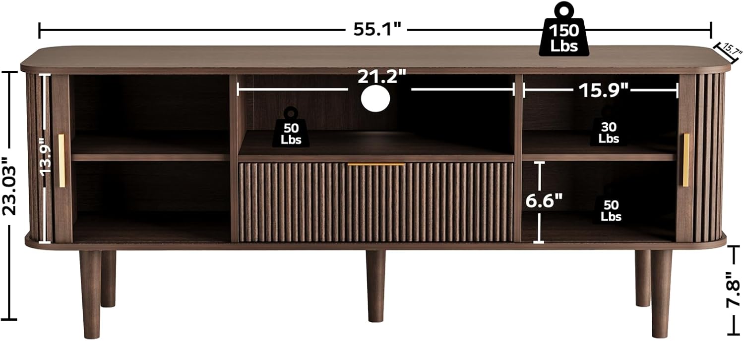 Fluted TV Stand, 55 Inch Mid Century Modern Media Console Table with Sliding Tambour Door Farmhouse Sideboard Buffet Cabinet Fits TVs up to 75 inch, Wood Entertainment Center for Living Room