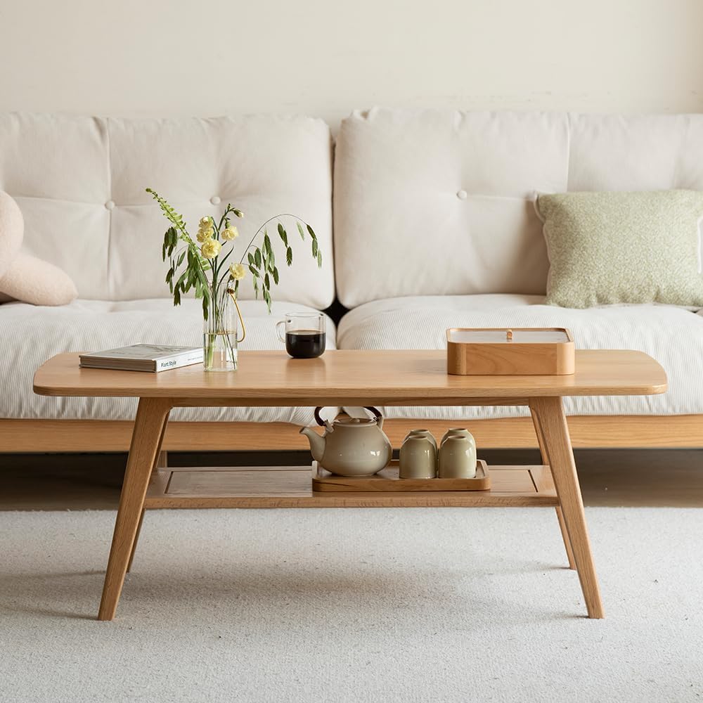 100% Solid Wood Coffee Table for Living Room, Mid Century Modern Small Tables with Shelf Storage, Storage Coffee Table with Rounded Corners (Oak Wood Walnut Color, 47.24" L)