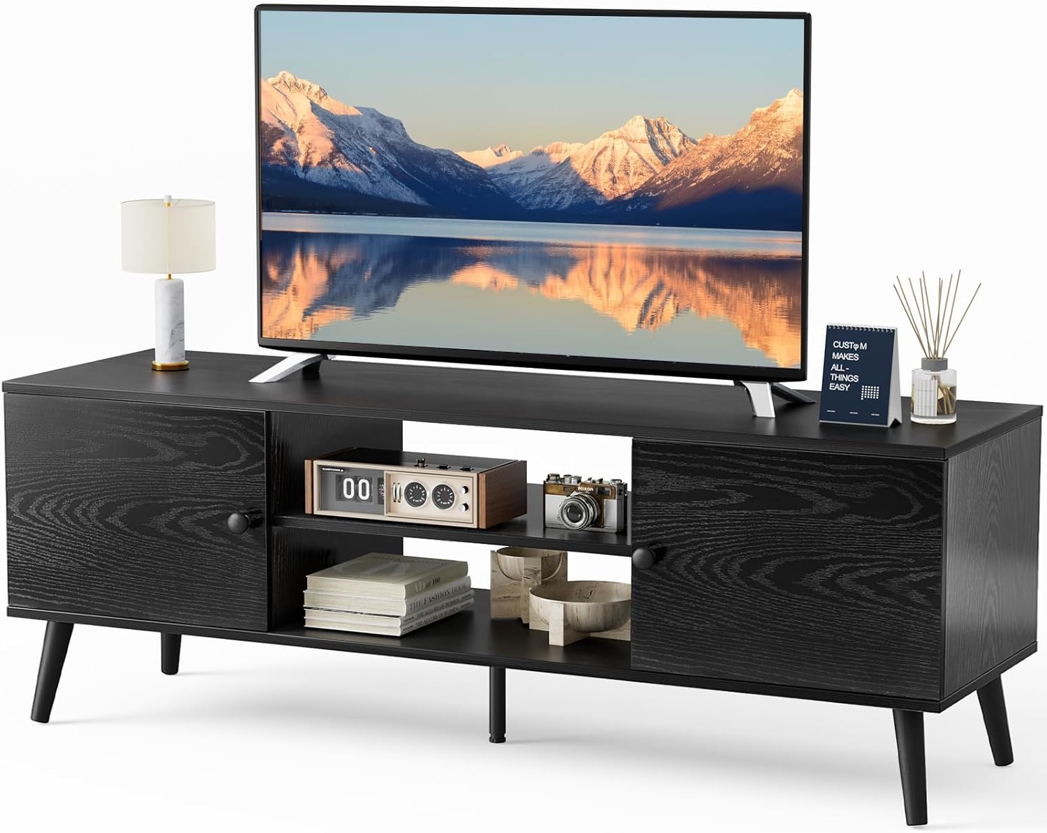 Sweetcrispy TV Stand for 55 60 inch TV, Modern Mid Century Entertainment Center with Storage, Media Console Table 2 Cabinet, Soft Hinge, Handle Door, Wooden Living Room, Office Furniture, Black
