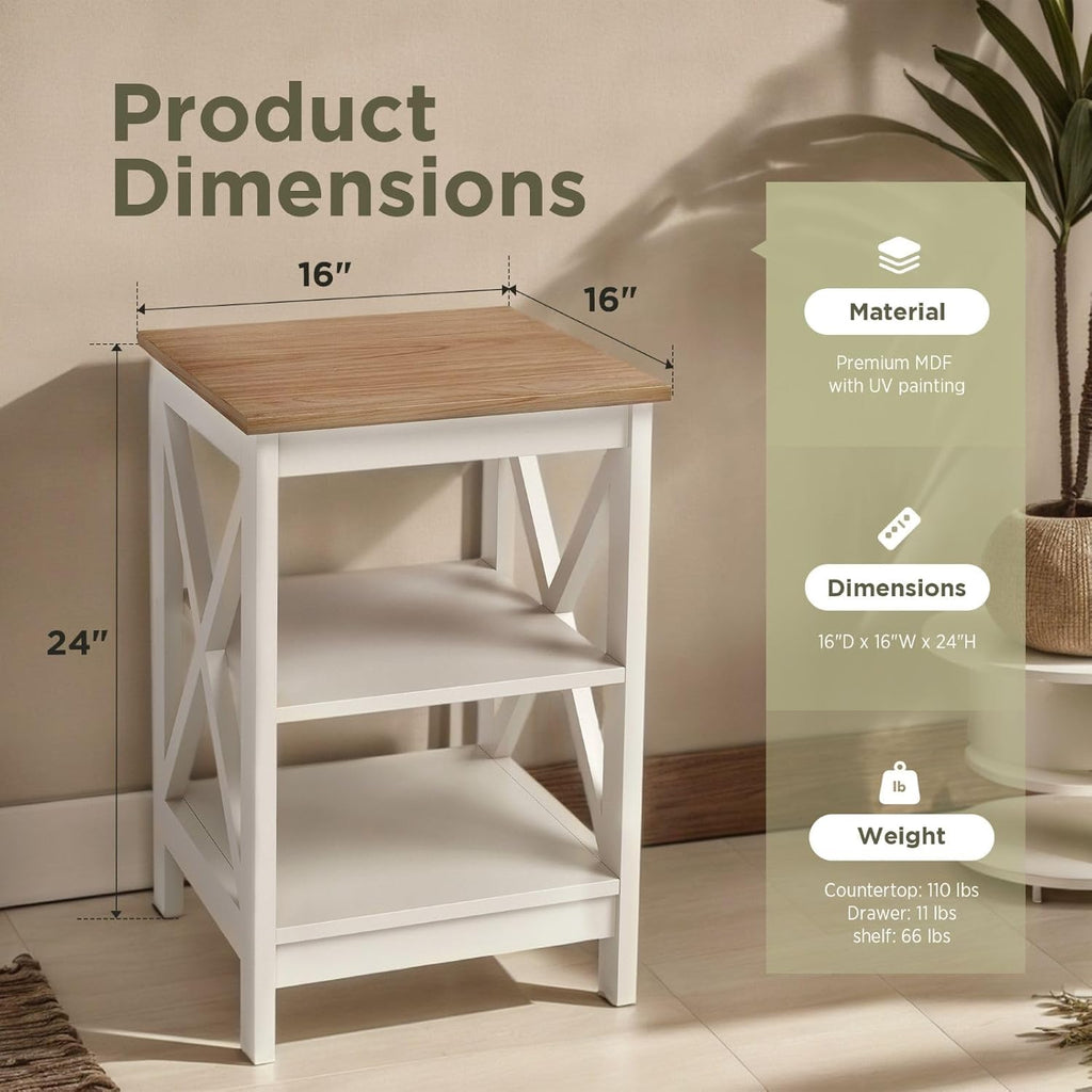 Sophia & William End Tables Bedroom Set of 2, Farmhouse Sofa Side Table with Storage Shelves, Ivory