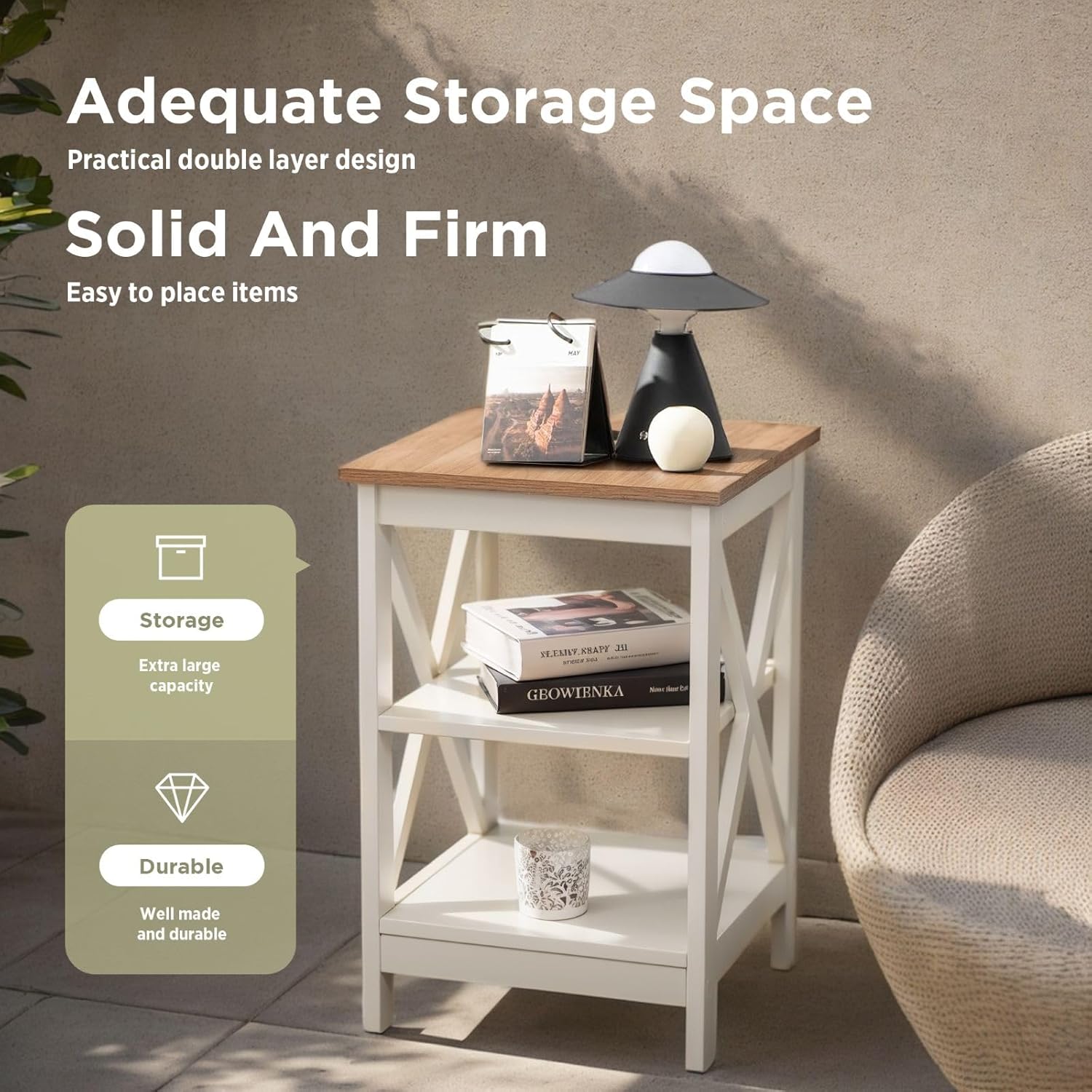 Sophia & William End Tables Bedroom Set of 2, Farmhouse Sofa Side Table with Storage Shelves, Ivory