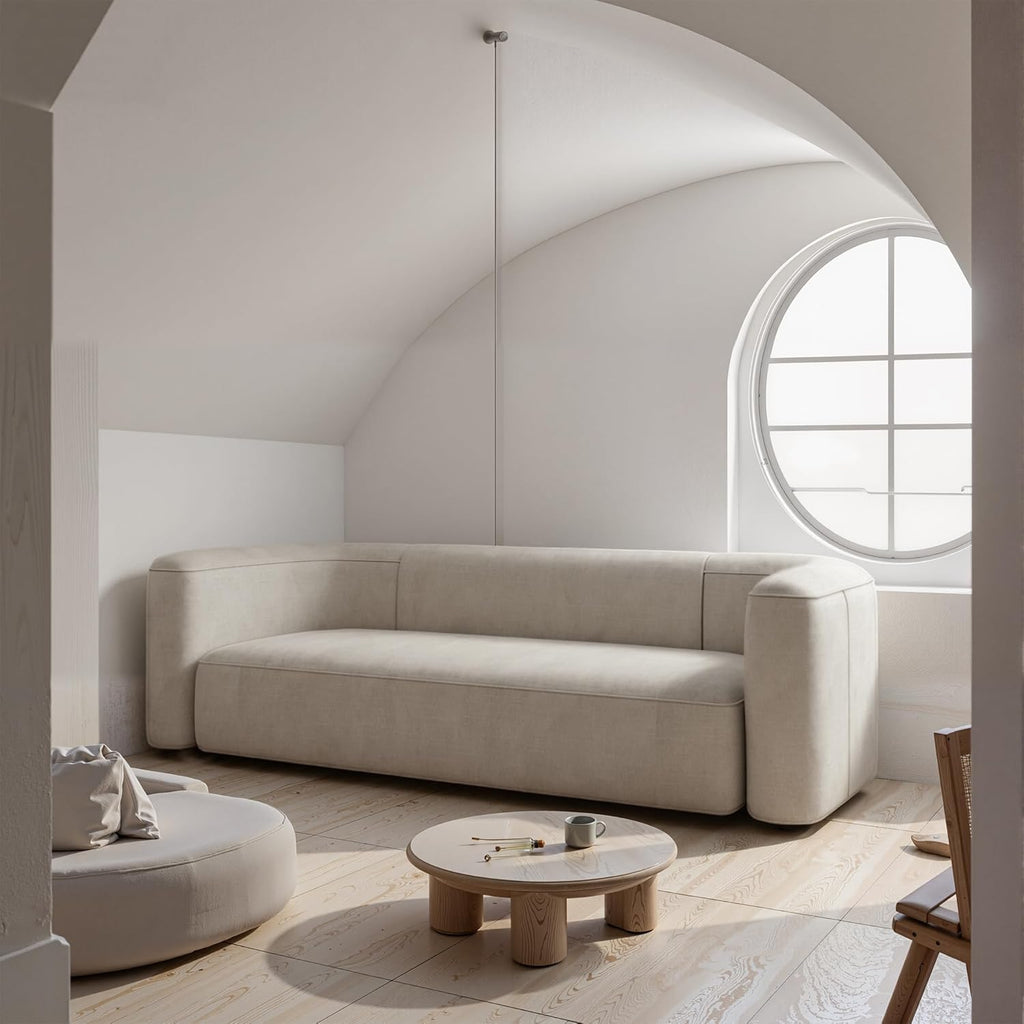 Acanva Luxury Modern Tight Curved Back Velvet Sofa, Minimalist Style Comfy Couch for Living Room Apartment, 3 Seater, Cream