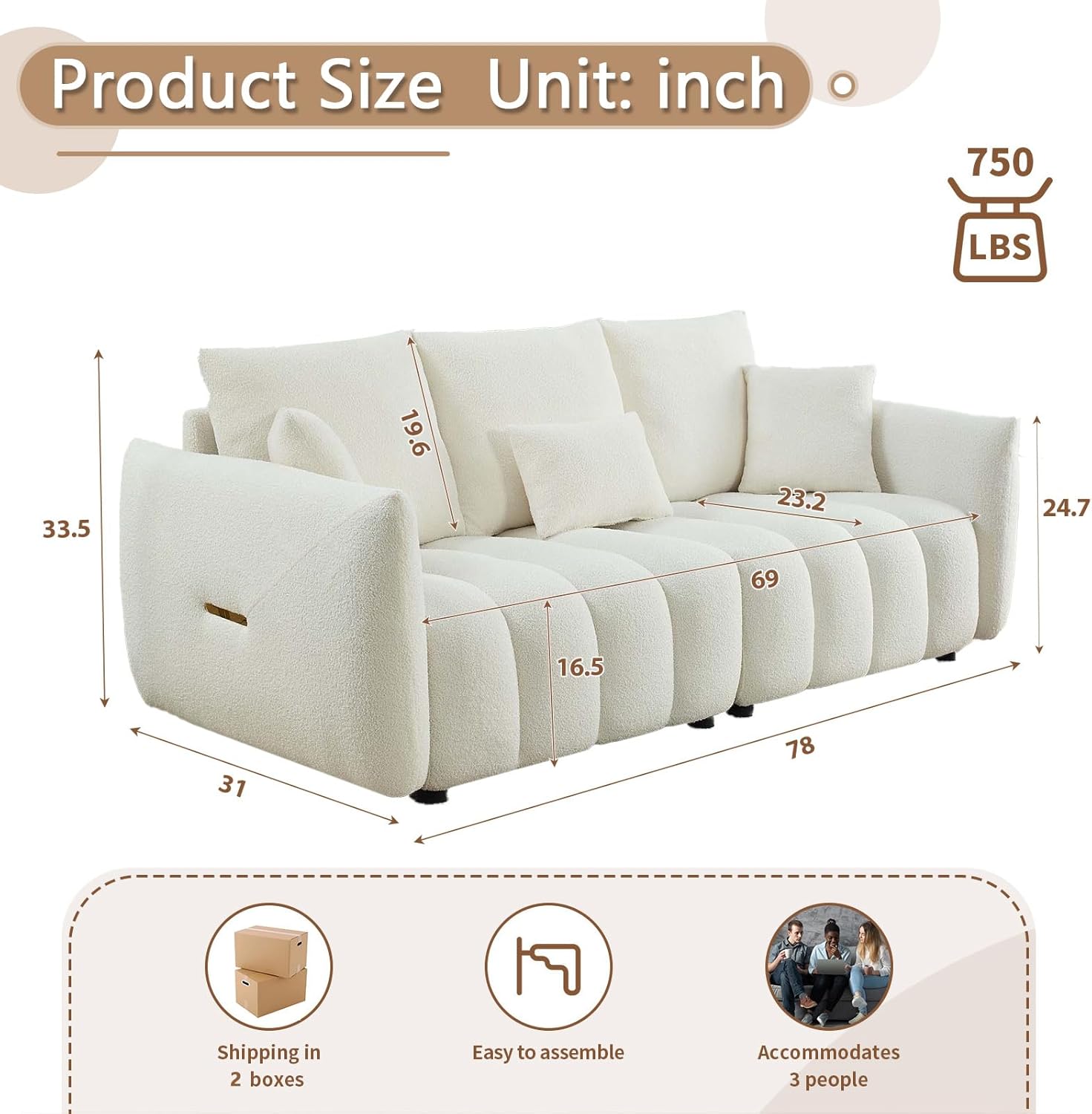 Antetek 78" Modern Sofa Couch, Comfy Deep Seat Teddy Cloud Sofa, Upholstered 3-Seater Boucle Couch, Oversized Loveseat for Living Room, Bedroom, Office, Apartment, Beige