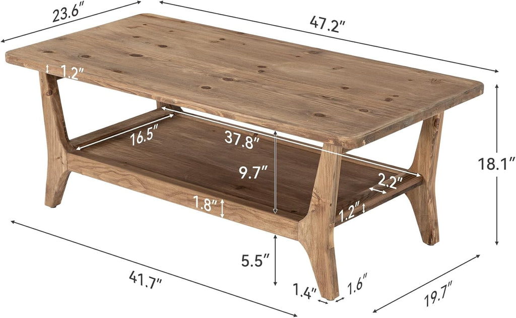 LITTLE TREE Solid Wood Coffee Table with Storage, 2-Tier Shelf Living Room Table, Rounded Corners, Kid-Friendly Lightweight Design, Easy Assembly, 23.6" D x 47.2" W, Rustic Brown