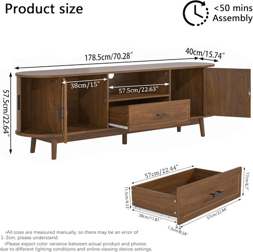 70" Fluted TV Stand for Tvs up to 80", Mid-Century Modern Entertainment Center with Drawers and Fluted Doors, Curved TV Media Console Table with Sliding Doors for Living Room, Bedroom (70")