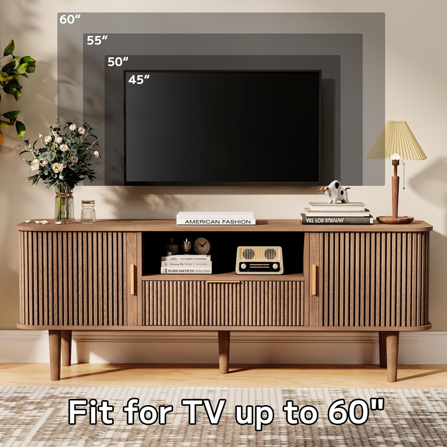 Fluted TV Stand, 55 Inch Mid Century Modern Media Console Table with Sliding Tambour Door Farmhouse Sideboard Buffet Cabinet Fits TVs up to 75 inch, Wood Entertainment Center for Living Room