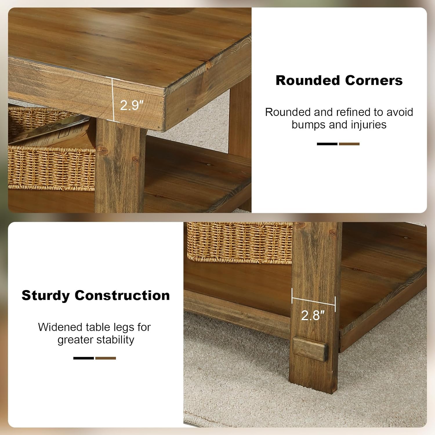 42.5" Farmhouse Solid Wood Coffee Table Rectangle Coffee Table Rustic Center Tables with Storage Shelf for Living Room, Natural
