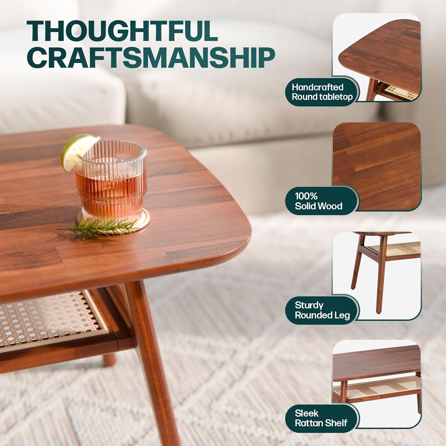 Bme Nancy Solid Acacia Wood Coffee Table for Living Room, Spacious Oval-Shaped 237 Lbs Top Capacity, Rattan Shelf Below, Mid Century, Rustic and Modern Style Living Room Furniture, Dark Chocolate