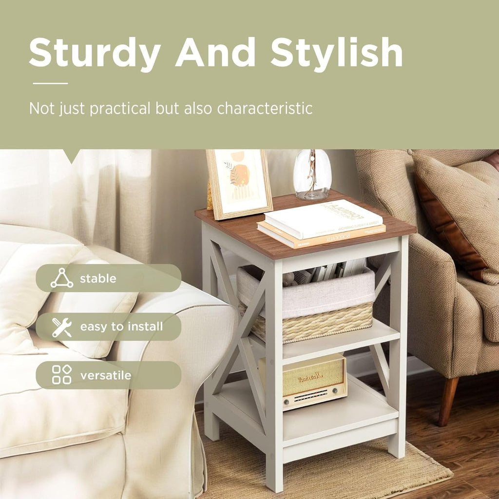 Sophia & William End Tables Bedroom Set of 2, Farmhouse Sofa Side Table with Storage Shelves, Ivory