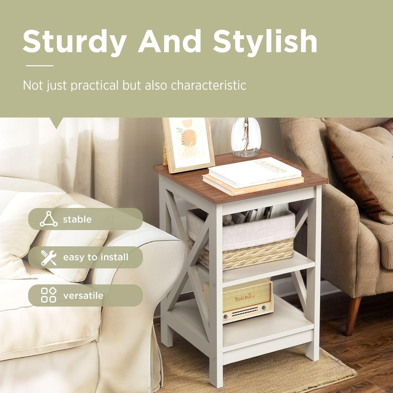 Sophia & William End Tables Bedroom Set of 2, Farmhouse Sofa Side Table with Storage Shelves, Ivory