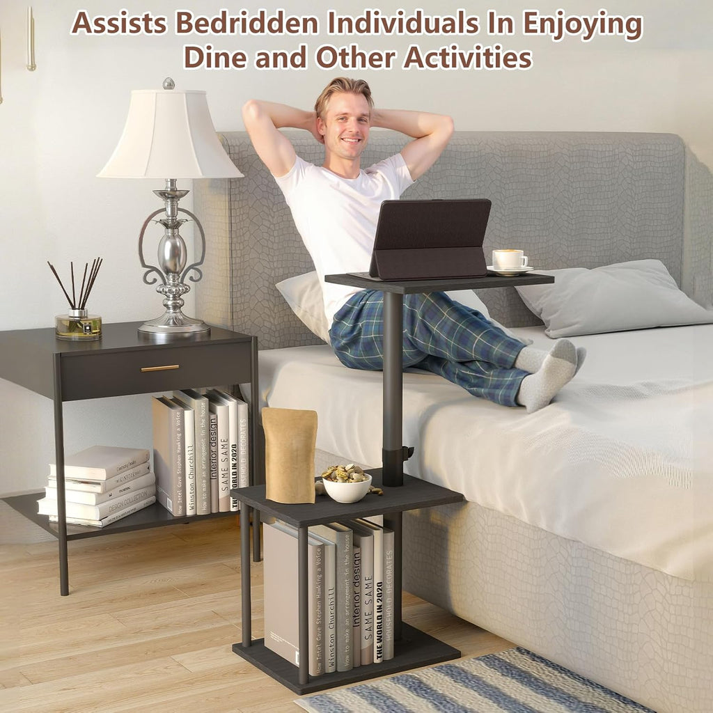 Swivel Side Table for Couch Arm, Adjustable C End Table for Recliner or Bed, Tv Trays with Storage Shelf for Small Spaces Small Nightstand Table for Living Room, Bedroom