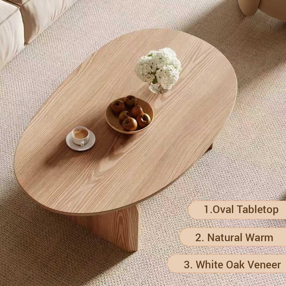 Honyee Modern Oval Coffee Table, Small Coffee Tables for Living Room - Oak Wood Top with Solid Legs, Wooden Center Table Easy Assembly for Living Room &Bedroom,Office, Natural