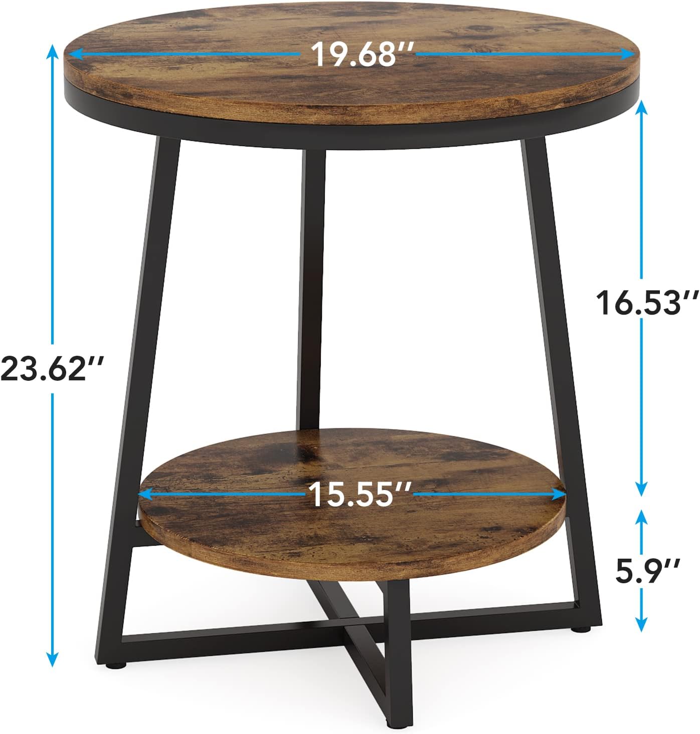 Tribesigns End Table, 2 Tier Round Side Table with Storage Shelf, Industrial Nightstand Bedside Table Coffee Accent Table for Living Room Bedroom Small Space, Rustic Brown