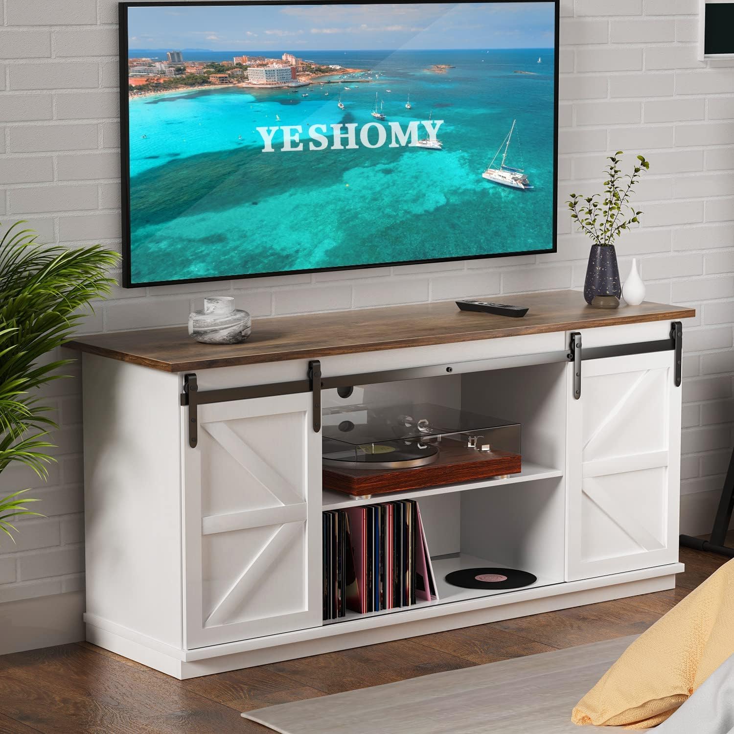 YESHOMY Farmhouse TV Stand for Televisions up to 65 Inches, Sliding Barn Doors and Storage Cabinets, Console Table and Media Furniture for Living Room, 58 Inch, Milk White