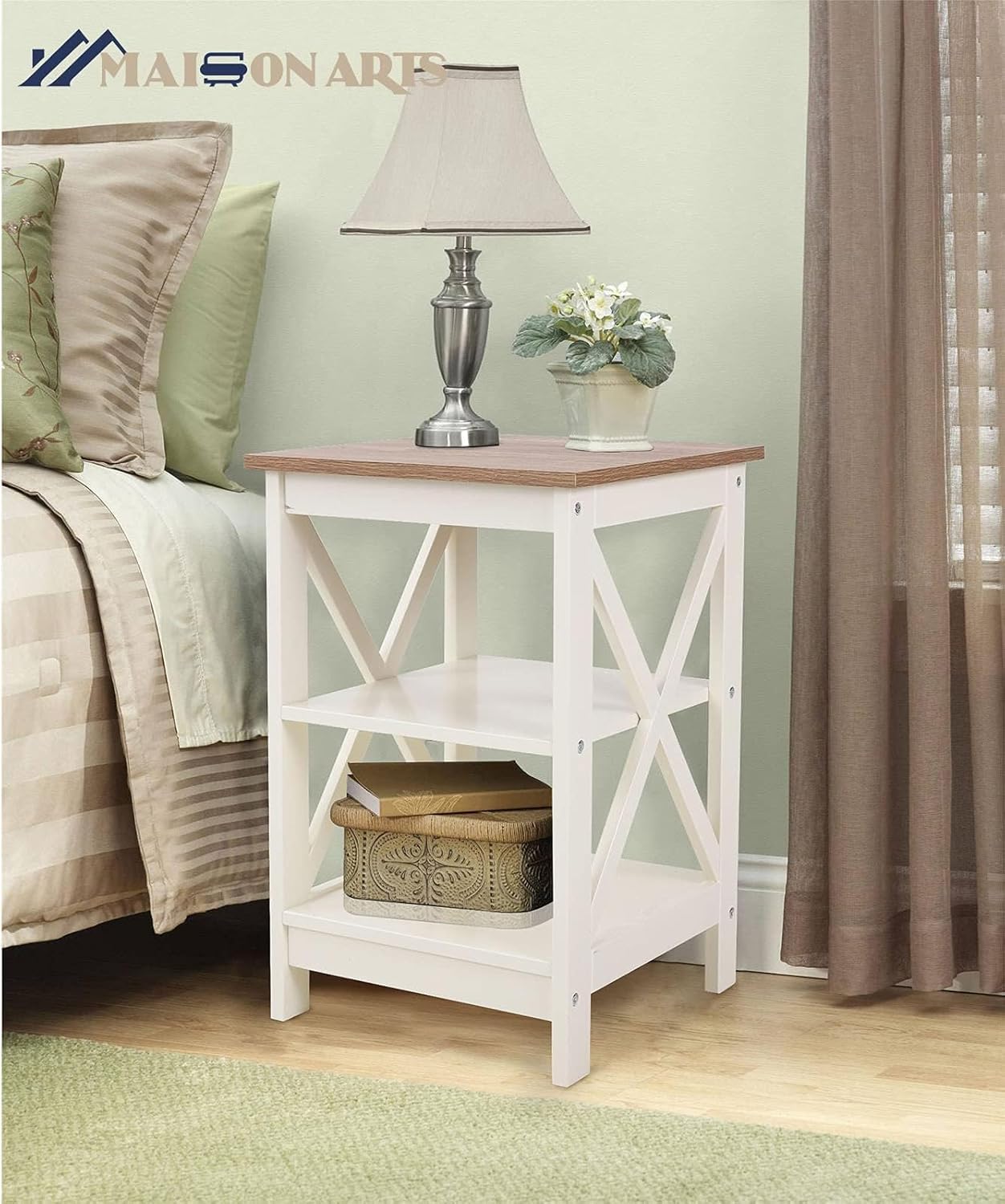 MAISON ARTS End Tables, Farmhouse Nightstand Set of 2, Small Side Table Living Room 3-Tier Modern Bed Side Table Nightstands for Bedroom, Sofa End Tables Set, Ivory White