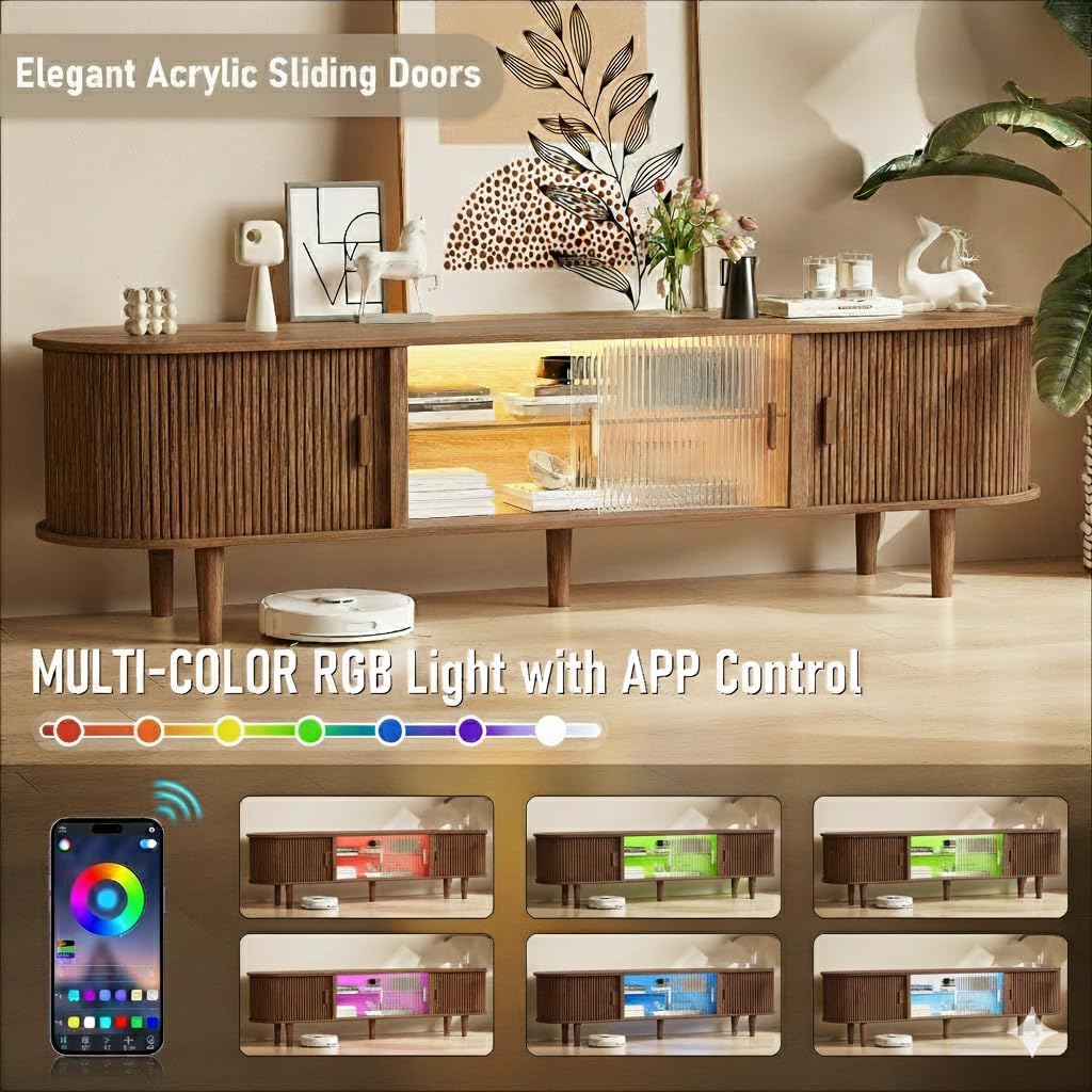 70" Fluted TV Stand with LED Lights for TVs up to 75 Inch, Mid Century Modern Entertainment Center with Sliding Doors & Glass Shelf, TV Console Table Media Console for Living Room, Walnut