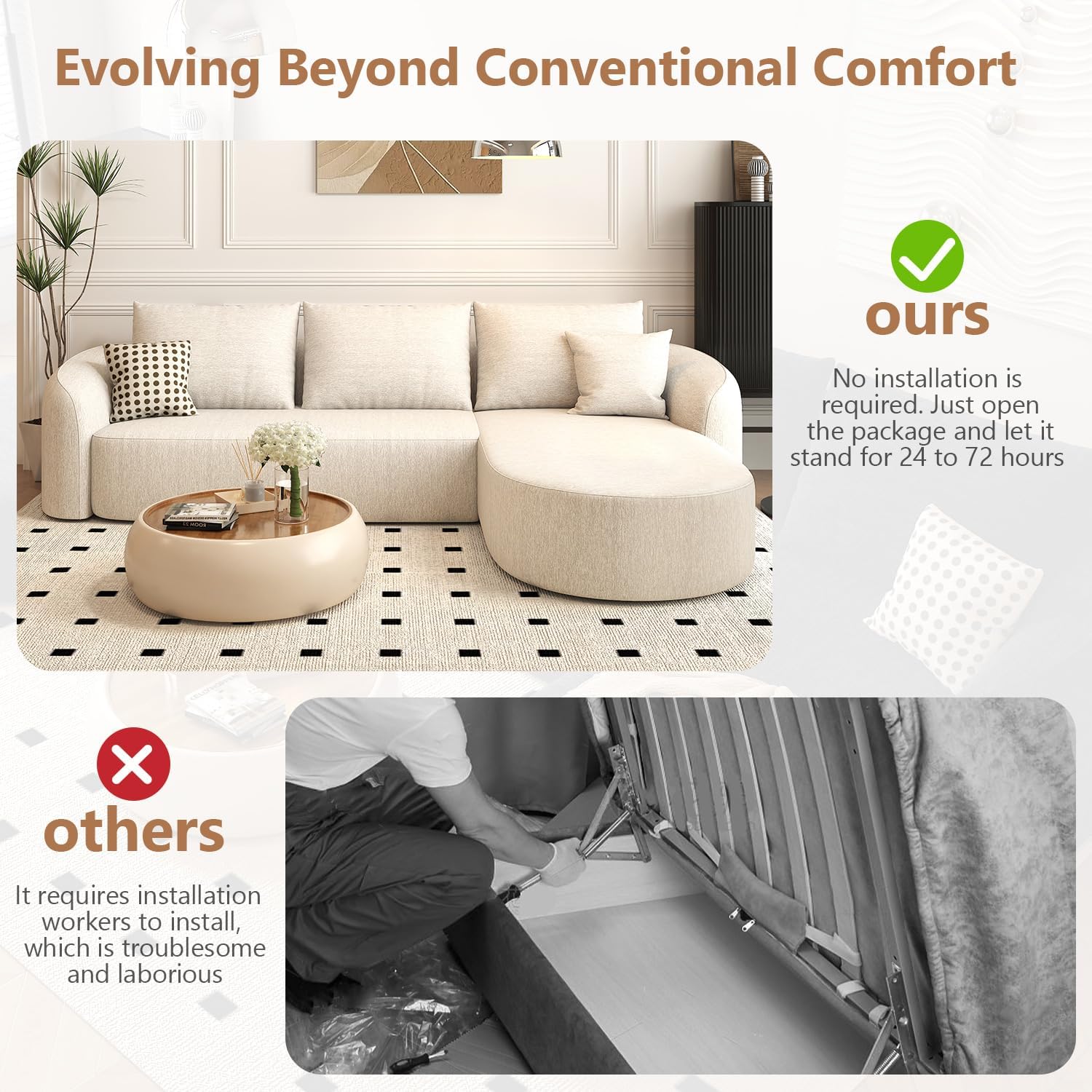 111" Modular Sectional Couches Luxury Modern Curved Back Sofa,Minimalist Comfy L-Shape Boneless Cloud Couch for Living Room Apartment,(Right Facing Chaise,White)