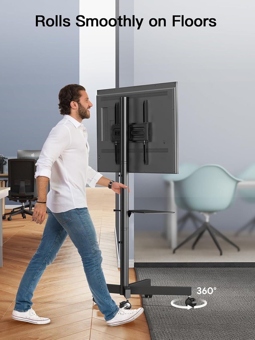 PERLESMITH Rolling TV Stand on Wheels for 23-60 Inch Flat Curved Screen TVs, Mobile TV Cart Height - Adjustable with Shelf/Tray, Portable TV Stand Holds up to 55 lbs, Max VESA 400x400mm, PSTVMC04