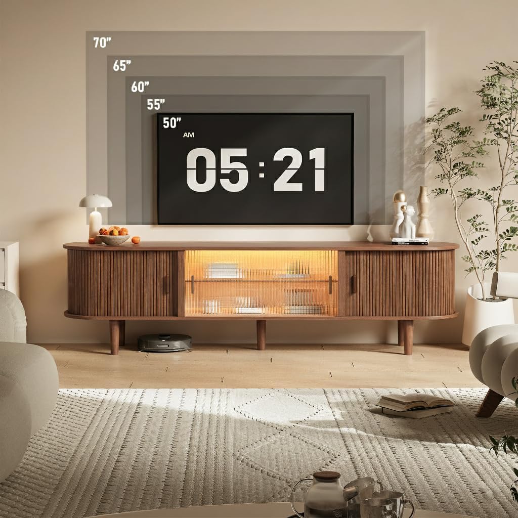 70" Fluted TV Stand with LED Lights for TVs up to 75 Inch, Mid Century Modern Entertainment Center with Sliding Doors & Glass Shelf, TV Console Table Media Console for Living Room, Walnut