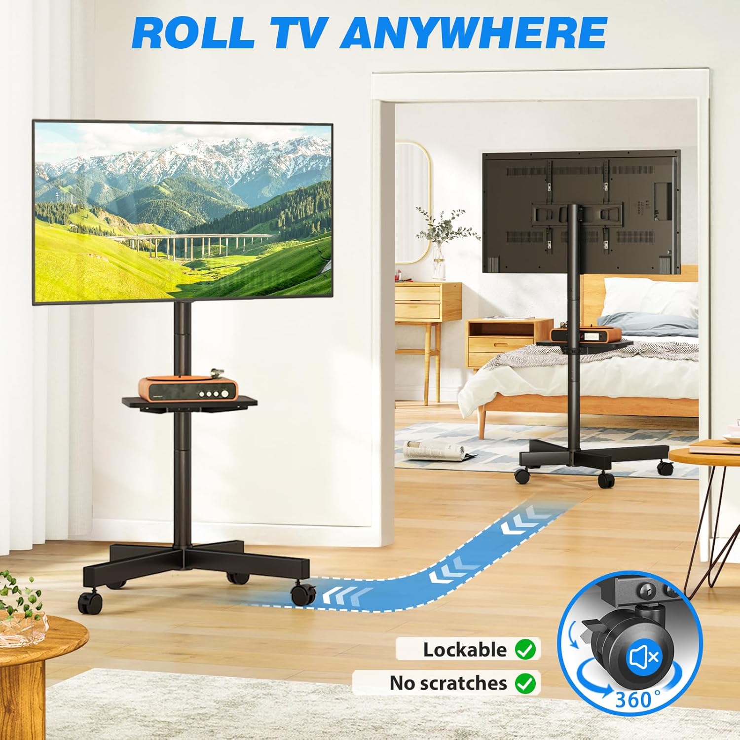 Rfiver Mobile TV Stand for 23-60 Inch LCD LED Flat/Curved Panel Screen TVs up to 88 lbs, Rolling TV Stand with Adjustable Shelf & Tilt, Portable Floor Stand on Wheels for Bedroom, Living Room, Office