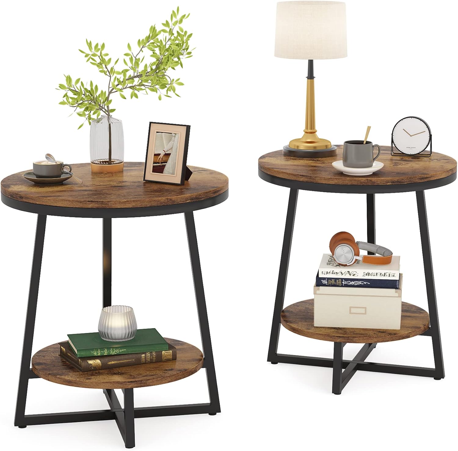 Tribesigns End Table, 2 Tier Round Side Table with Storage Shelf, Industrial Nightstand Bedside Table Coffee Accent Table for Living Room Bedroom Small Space, Rustic Brown