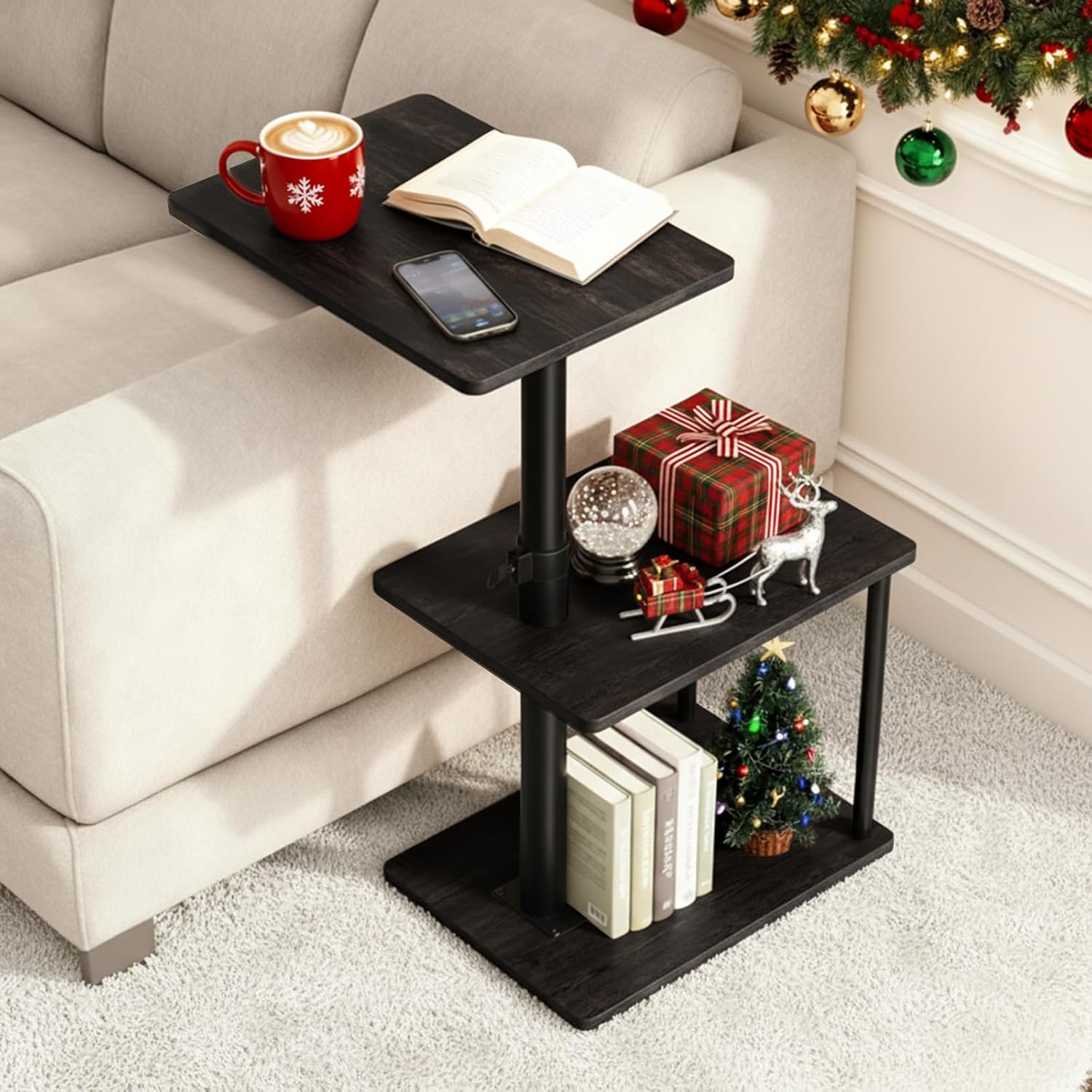 Swivel Side Table for Couch Arm, Adjustable C End Table for Recliner or Bed, Tv Trays with Storage Shelf for Small Spaces Small Nightstand Table for Living Room, Bedroom