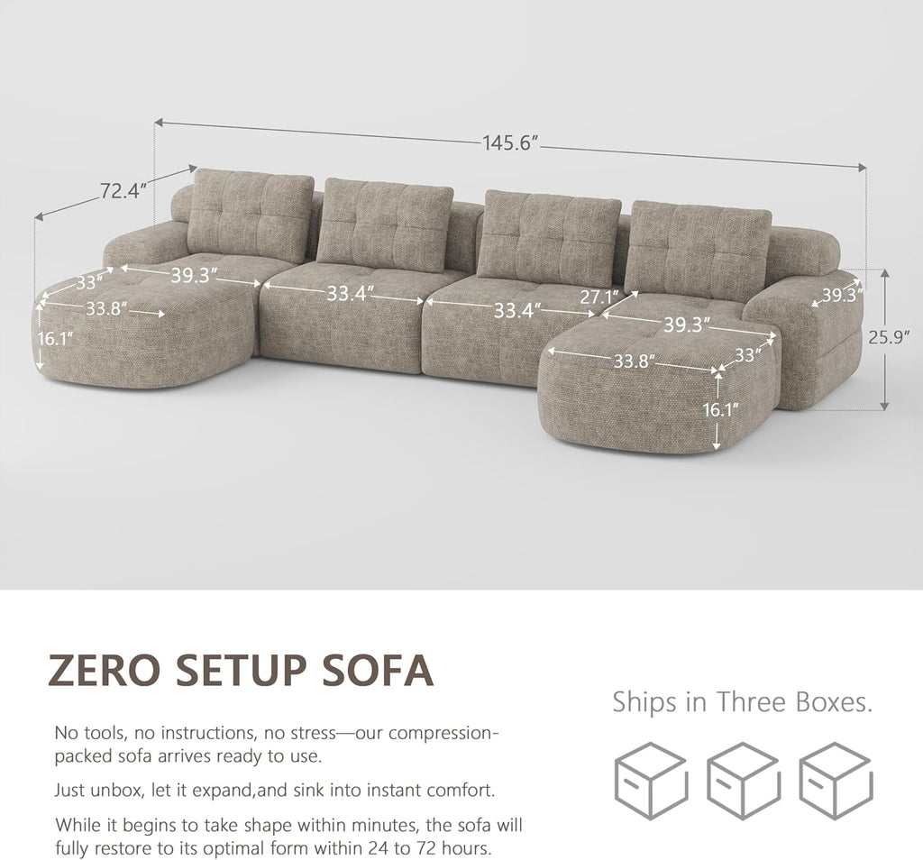 145'' U-Shaped Modular Sectional Sofa Couch, Full-Foam Structure, Compression Packaging Design, Woven Texture Upholstery, Oversized Modern Sofa for Living Room – Wheat Beige
