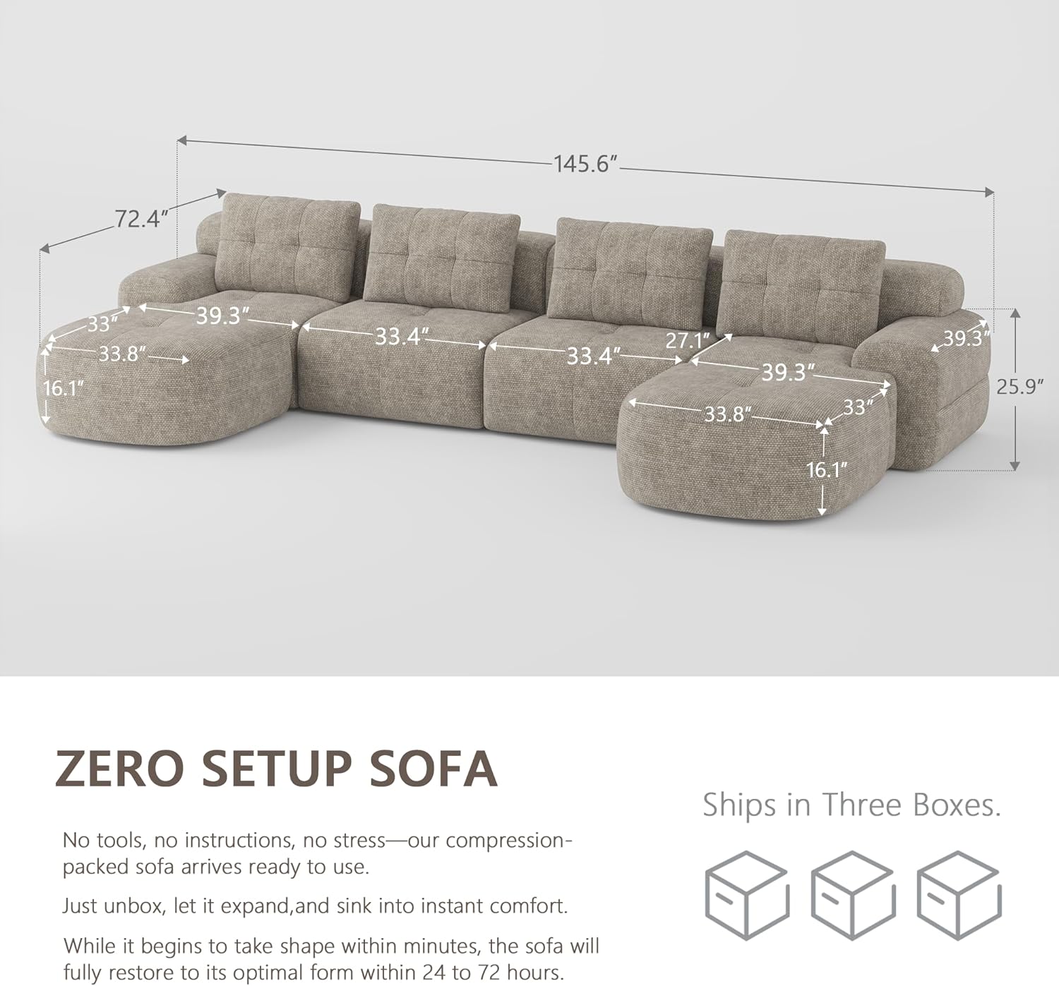 145'' U-Shaped Modular Sectional Sofa Couch, Full-Foam Structure, Compression Packaging Design, Woven Texture Upholstery, Oversized Modern Sofa for Living Room – Wheat Beige