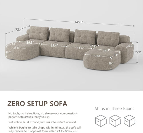 145'' U-Shaped Modular Sectional Sofa Couch, Full-Foam Structure, Compression Packaging Design, Woven Texture Upholstery, Oversized Modern Sofa for Living Room – Wheat Beige