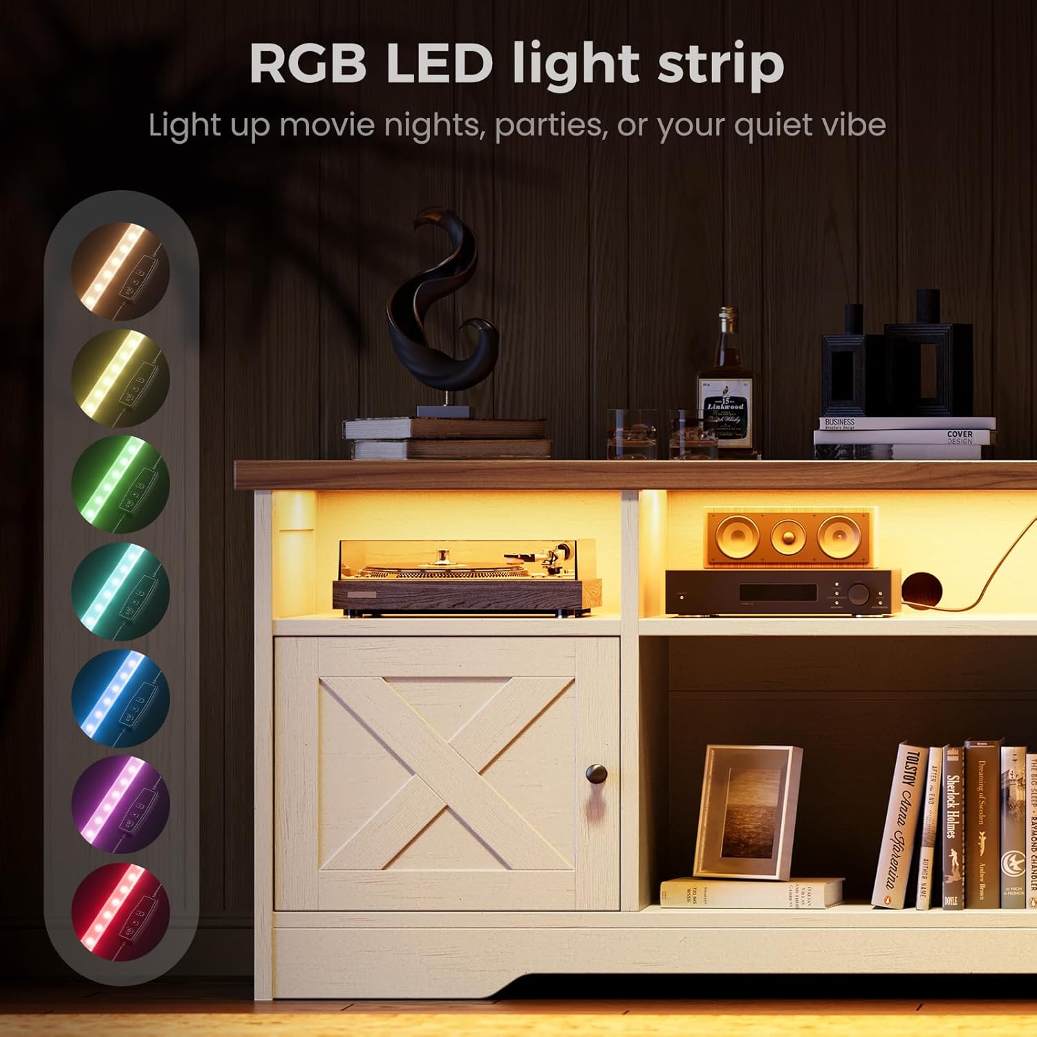 Casaottima TV Stand for 65 Inch TV, Farmhouse Entertainment Center with Power Outlet & LED Light and Storage Cabinets, Console Table and Media Furniture for Living Room Bedroom, White