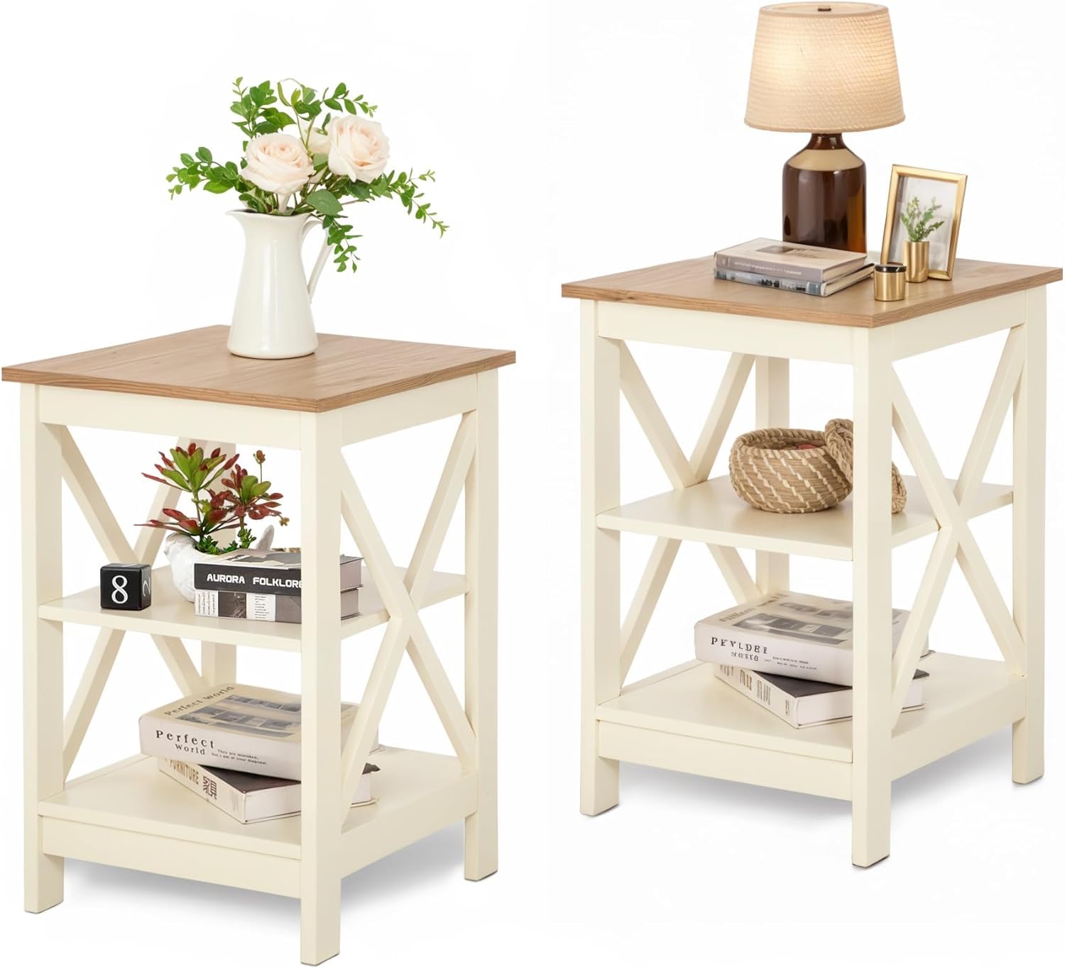 MAISON ARTS End Tables, Farmhouse Nightstand Set of 2, Small Side Table Living Room 3-Tier Modern Bed Side Table Nightstands for Bedroom, Sofa End Tables Set, Ivory White