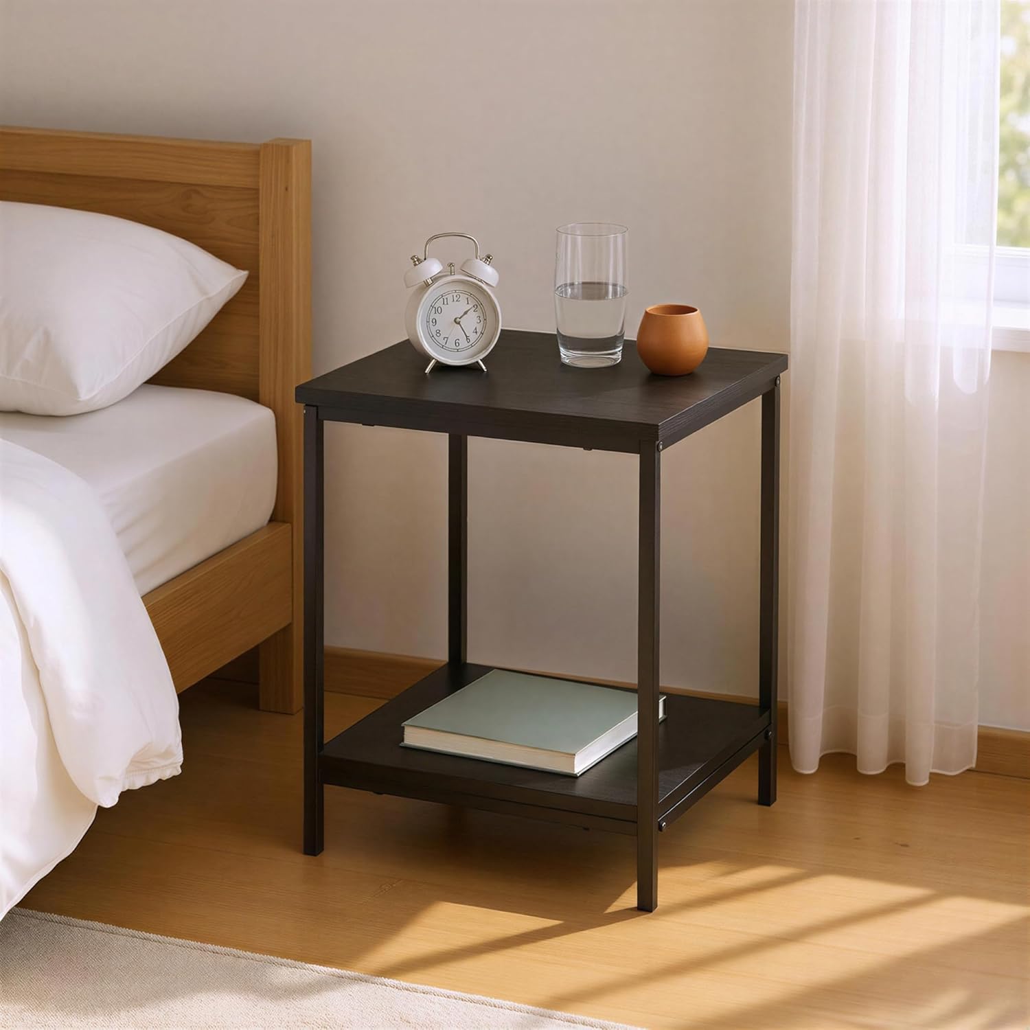 Amazon Basics - End Table with Bottom Shelf, Living Room Side Table, Steel Frame, Wooden Black
